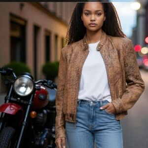 Rene's Bugle Boys Leather Brown Black Women's Biker Jacket. M/L.